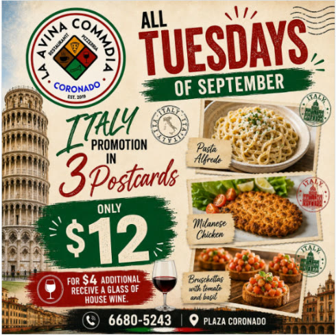 Flyer real: Todos los martes de septiembre, promoción de tres platos (pasta Alfredo, milanesa de pollo y bruschetta) por $12, copa de vino de la casa +$4, en La Divina Commedia Coronado