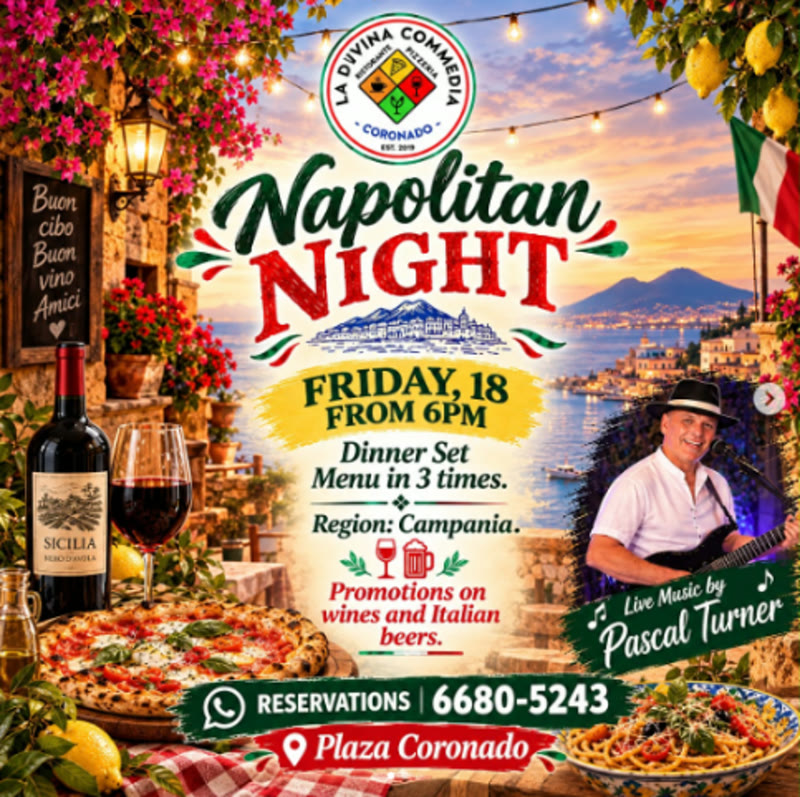 Flyer real: Noche Napolitana con cena maridaje de 3 tiempos inspirada en los sabores de Campania, promociones especiales en vinos y cervezas italianas, música en vivo con Pascal Turner, viernes 18 de septiembre desde las 6PM, en La Divina Commedia Coronado