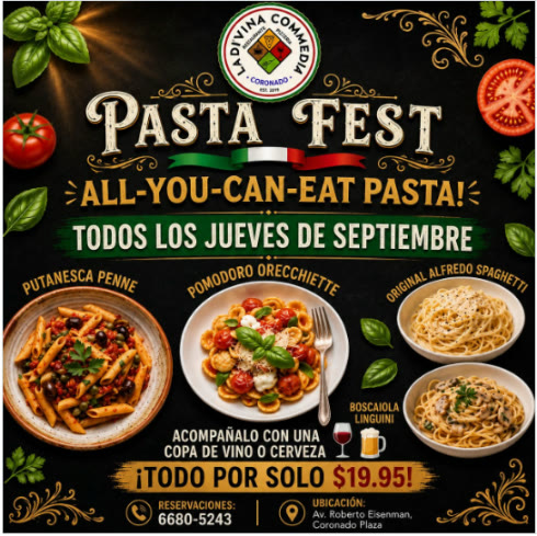 Flyer real: Pasta Fest, pasta italiana sin límite todos los jueves de septiembre, con copa de vino o cerveza incluida, por $19.95, en La Divina Commedia Coronado